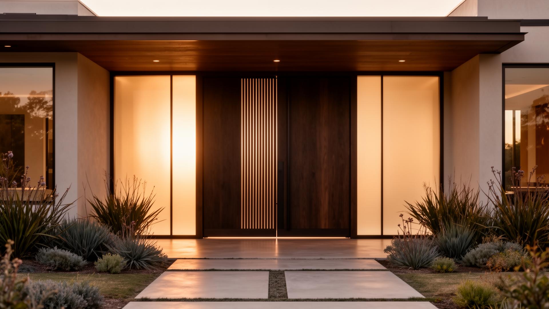 Modern Southern California home with a contemporary pivot entry door at dusk